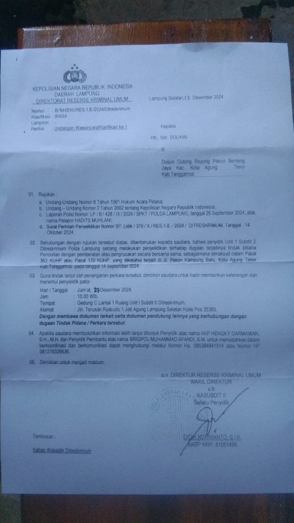 MAPOLDA LAMPUNG TELAH MENETAPKAN DUA PASAL SEMENTARA TERHADAP PARA PELAKU PENGRUSAKAN PERKEBUNAN DI LAHAN ADAT BUAY BELUNGUH TANJUNG HIKHAN,TANGGAMUS.
