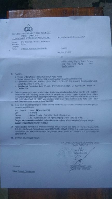 MAPOLDA LAMPUNG TELAH MENETAPKAN DUA PASAL SEMENTARA TERHADAP PARA PELAKU PENGRUSAKAN PERKEBUNAN DI LAHAN ADAT BUAY BELUNGUH TANJUNG HIKHAN,TANGGAMUS.